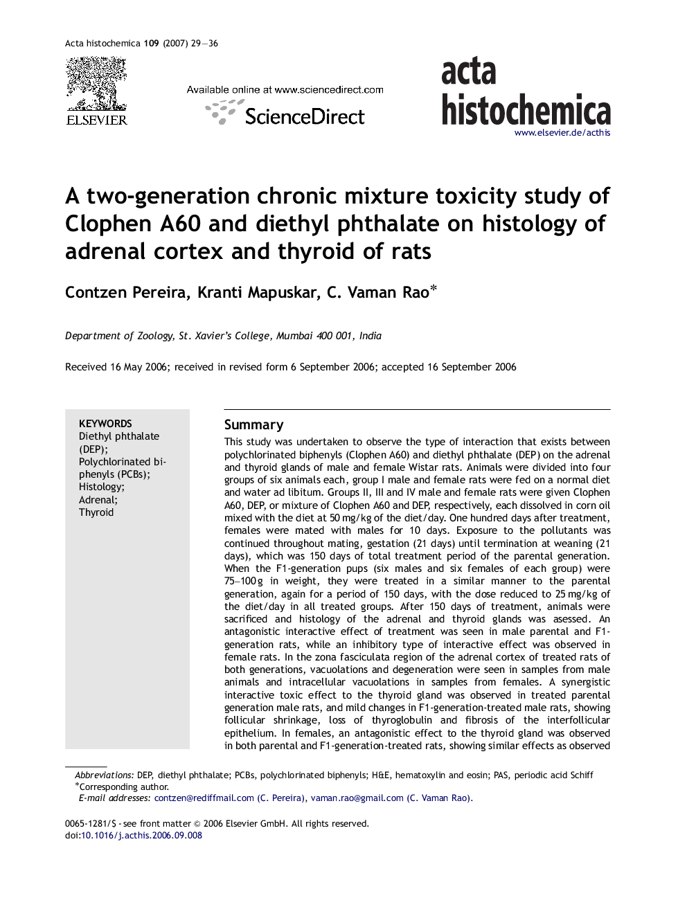 A two-generation chronic mixture toxicity study of Clophen A60 and diethyl phthalate on histology of adrenal cortex and thyroid of rats