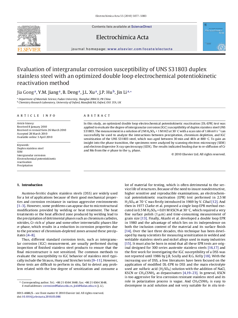 Evaluation of intergranular corrosion susceptibility of UNS S31803 duplex stainless steel with an optimized double loop electrochemical potentiokinetic reactivation method