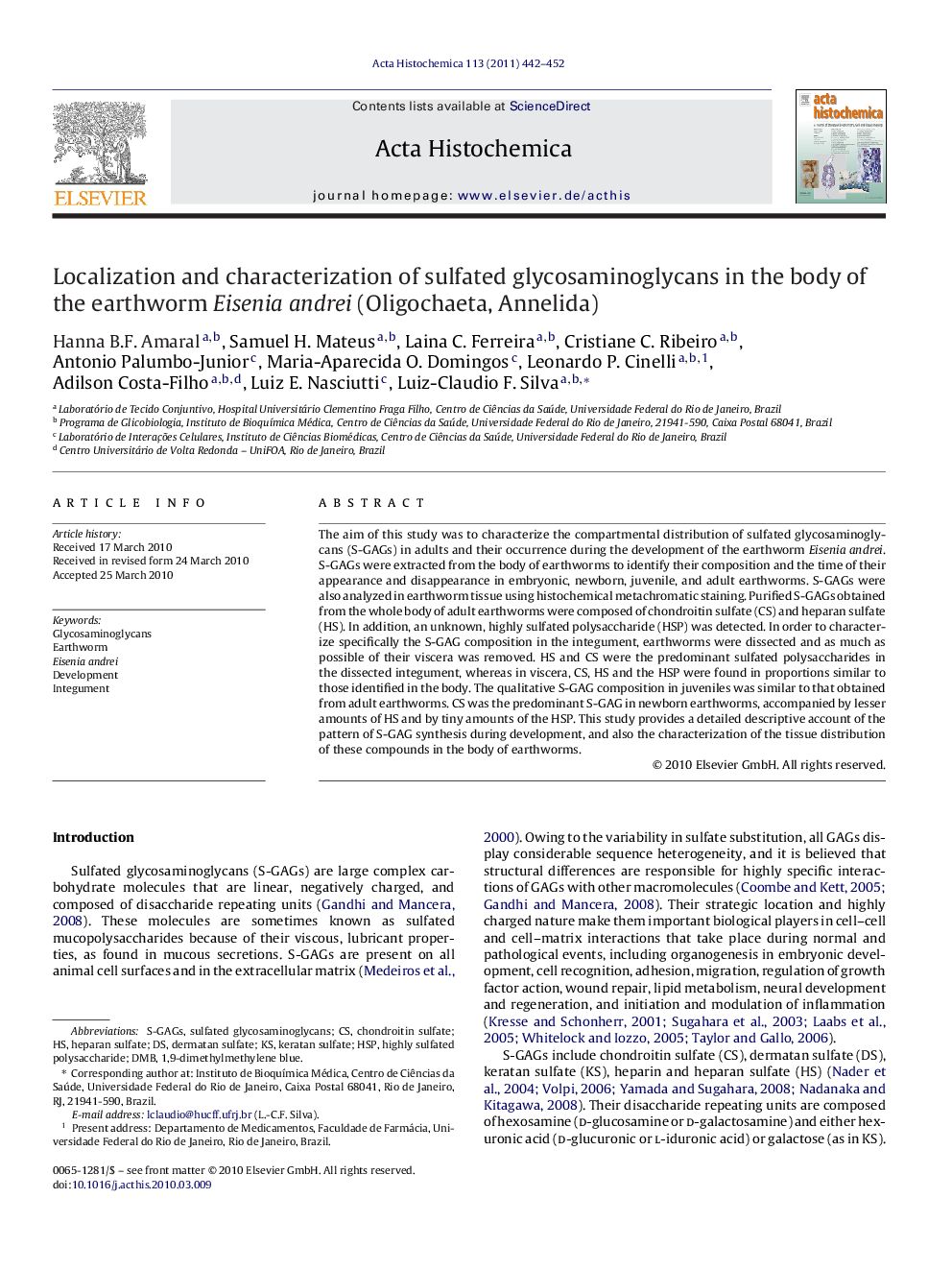 Localization and characterization of sulfated glycosaminoglycans in the body of the earthworm Eisenia andrei (Oligochaeta, Annelida)