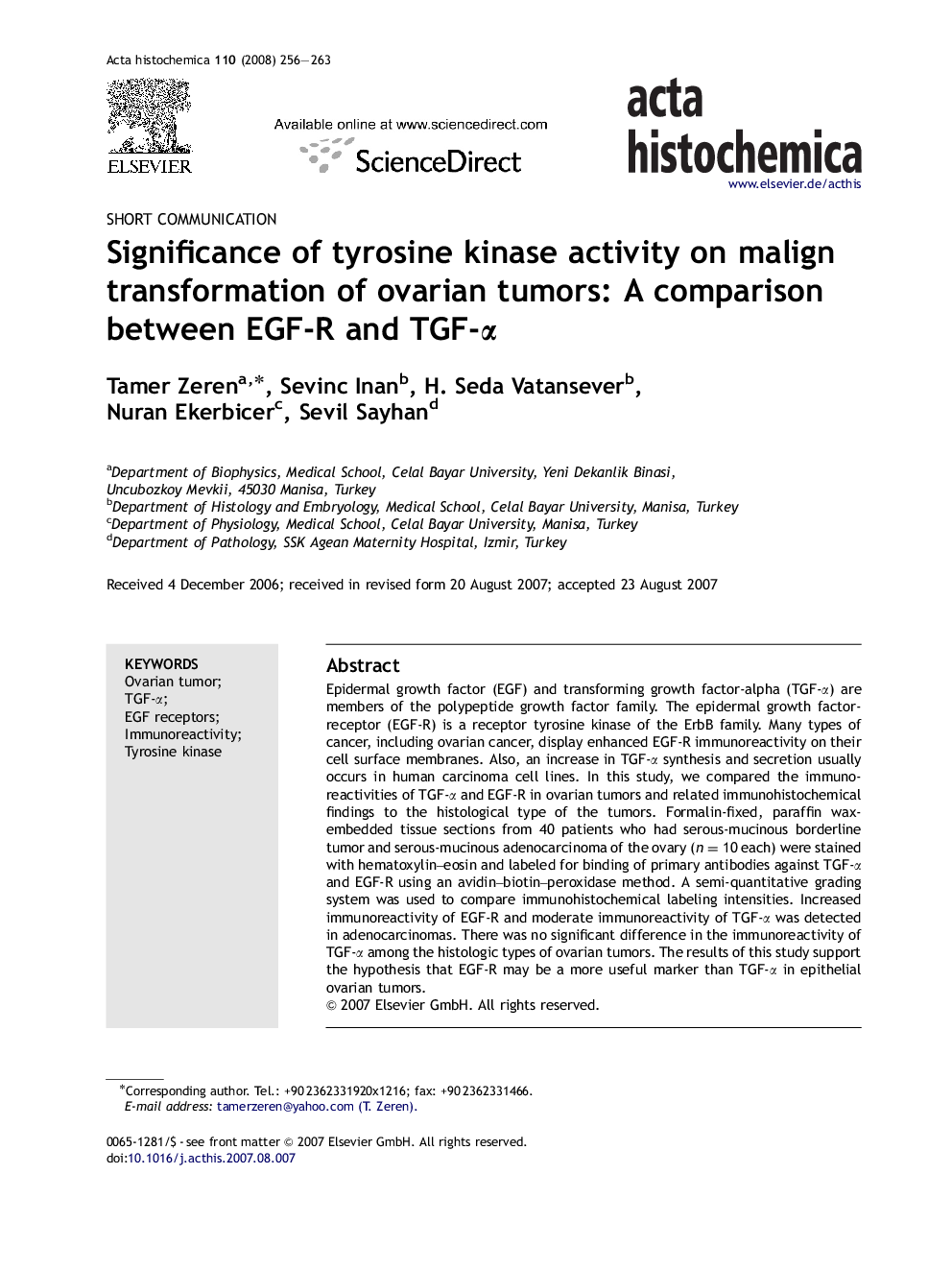 Significance of tyrosine kinase activity on malign transformation of ovarian tumors: A comparison between EGF-R and TGF-α