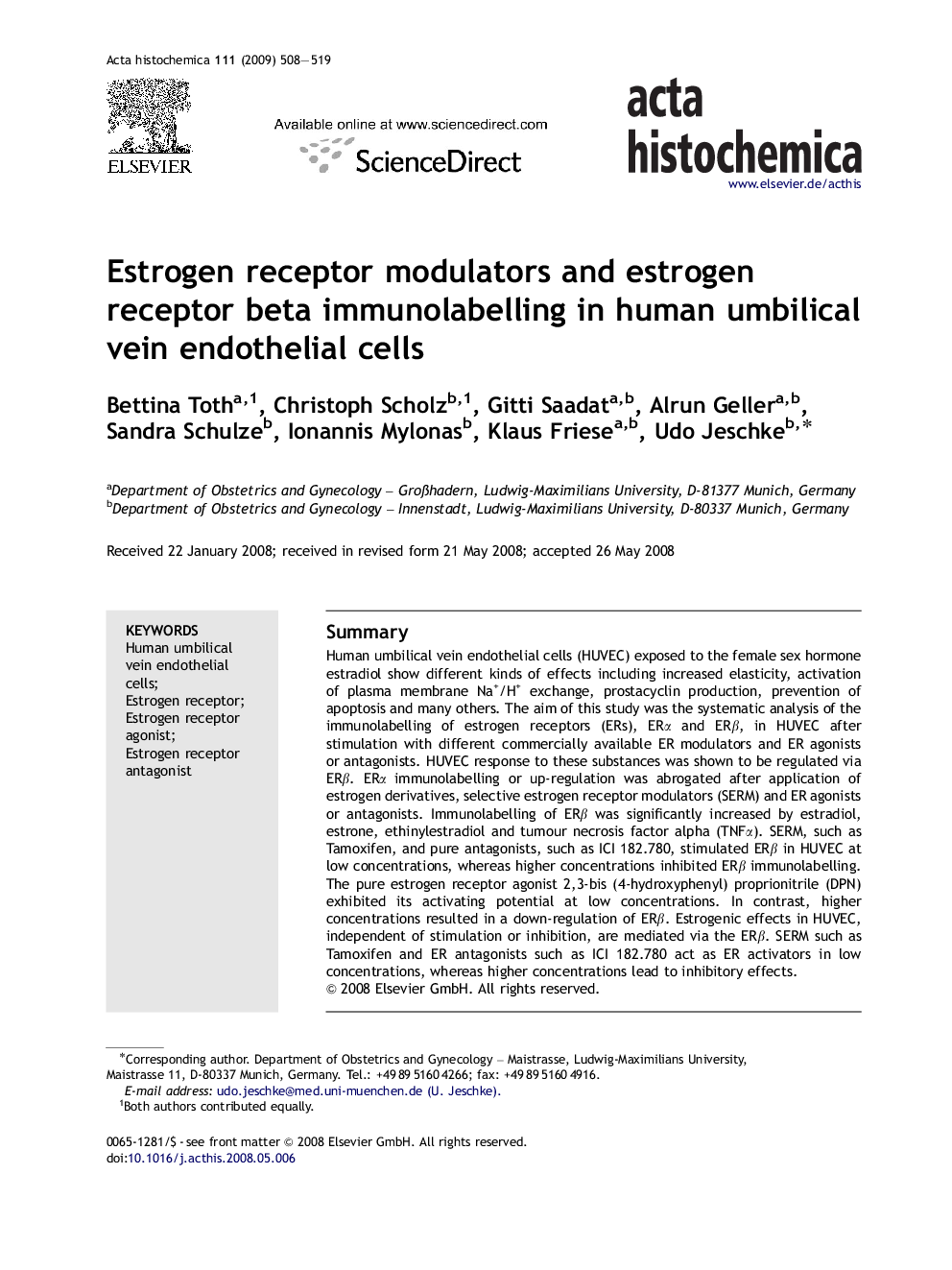 عکس صفحه اول مقاله: Estrogen receptor modulators and estrogen receptor beta immunolabelling in human umbilical vein endothelial cells Estrogen receptor modulators and estrogen receptor beta immunolabelling in human umbilical vein endothelial cells