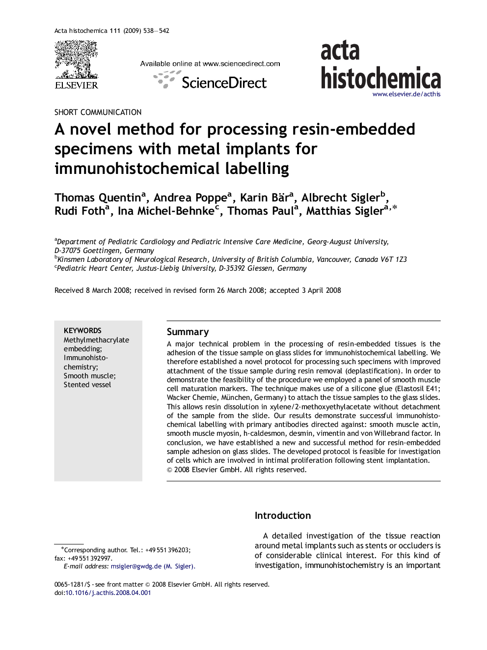A novel method for processing resin-embedded specimens with metal implants for immunohistochemical labelling