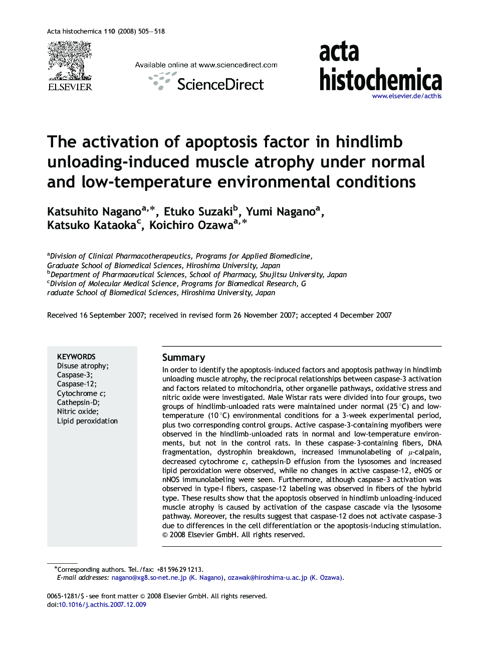 The activation of apoptosis factor in hindlimb unloading-induced muscle atrophy under normal and low-temperature environmental conditions