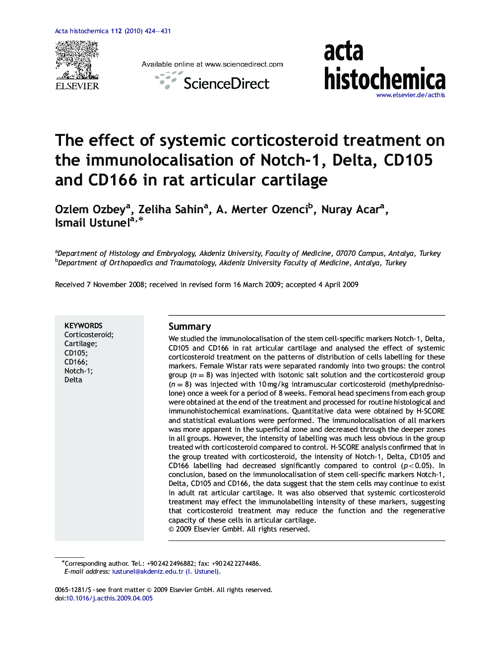 The effect of systemic corticosteroid treatment on the immunolocalisation of Notch-1, Delta, CD105 and CD166 in rat articular cartilage