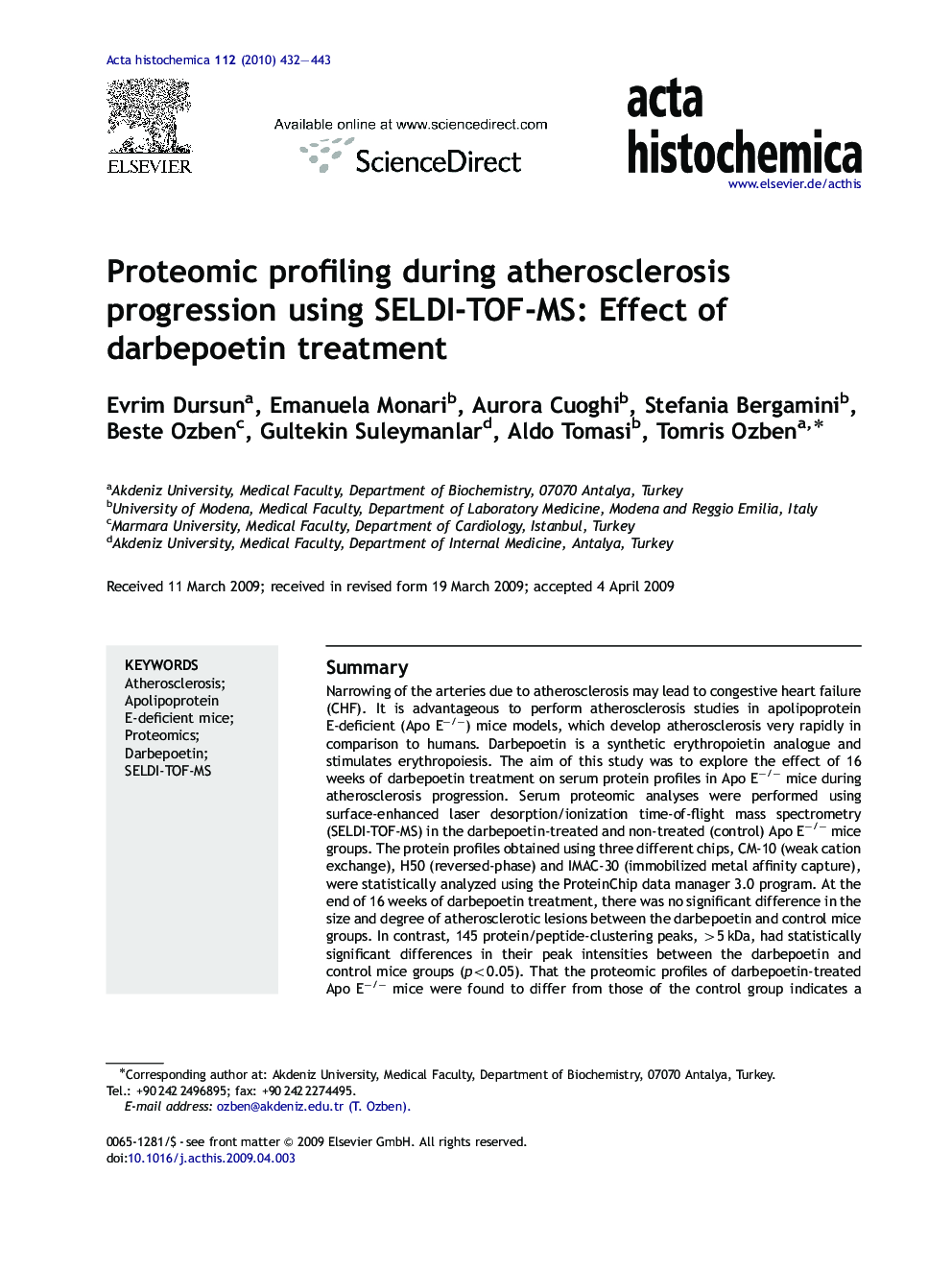 Proteomic profiling during atherosclerosis progression using SELDI-TOF-MS: Effect of darbepoetin treatment