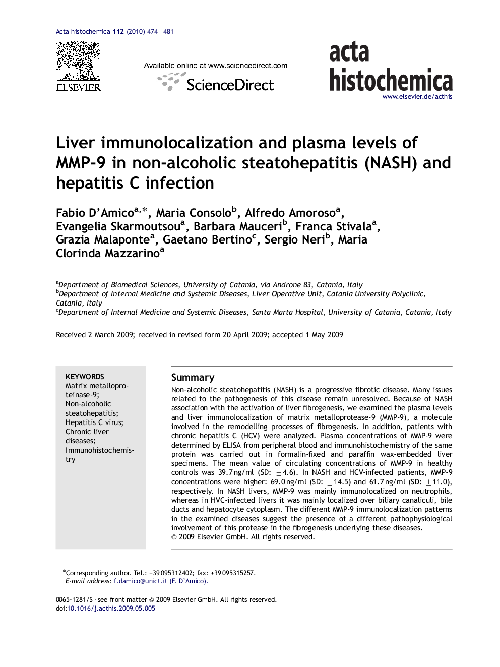 Liver immunolocalization and plasma levels of MMP-9 in non-alcoholic steatohepatitis (NASH) and hepatitis C infection