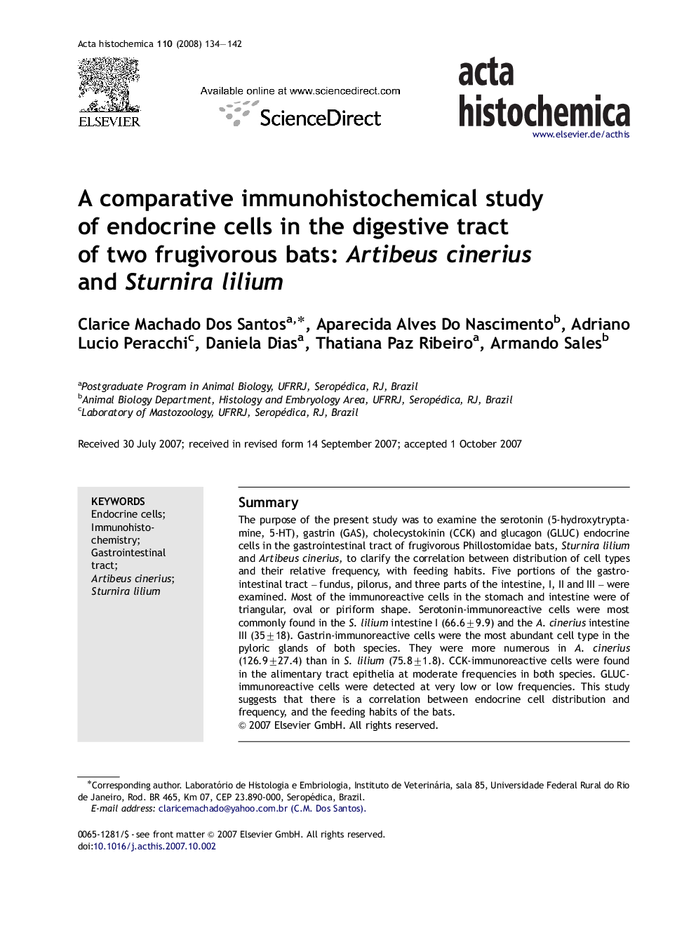 A comparative immunohistochemical study of endocrine cells in the digestive tract of two frugivorous bats: Artibeus cinerius and Sturnira lilium