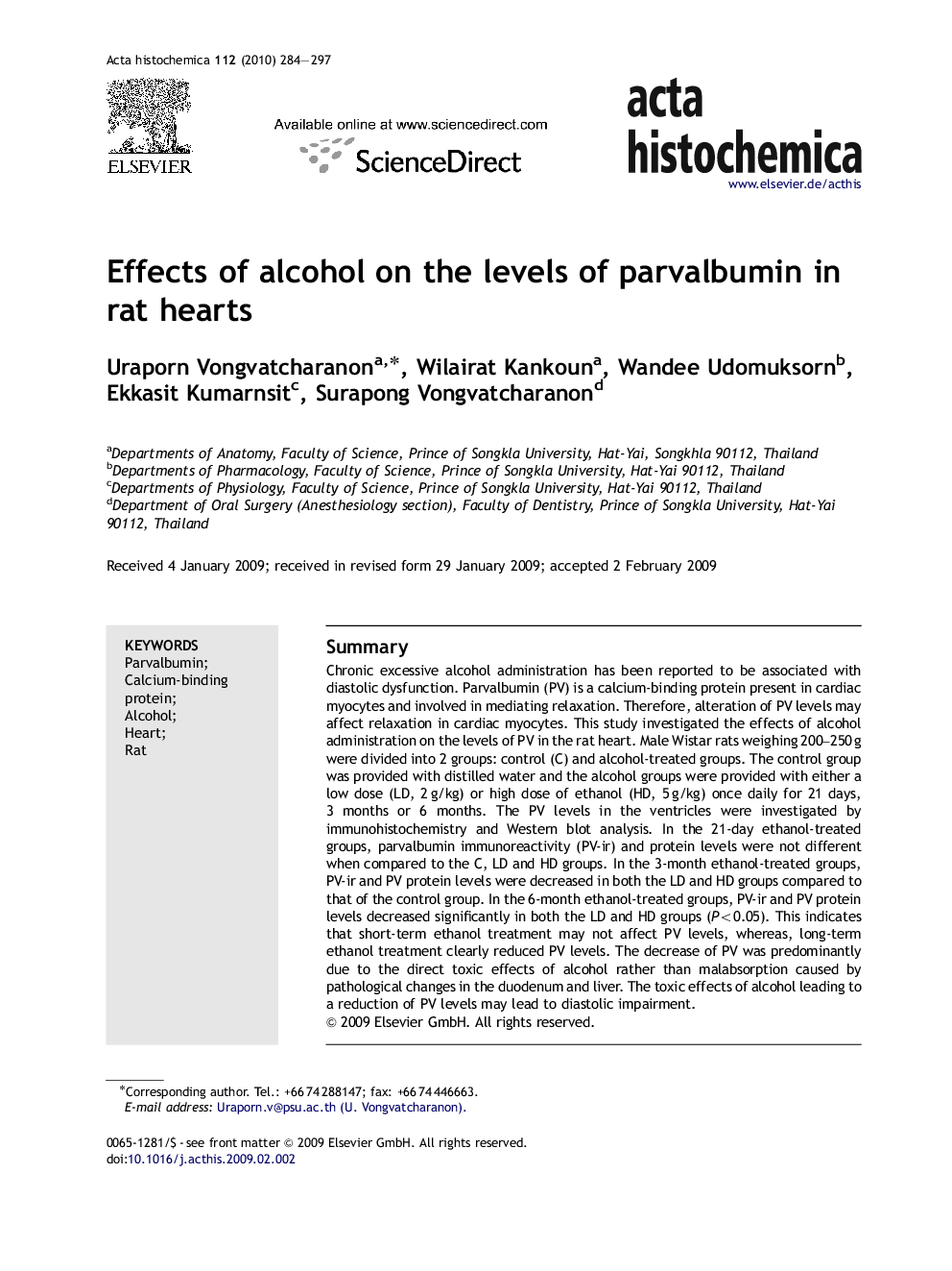 Effects of alcohol on the levels of parvalbumin in rat hearts