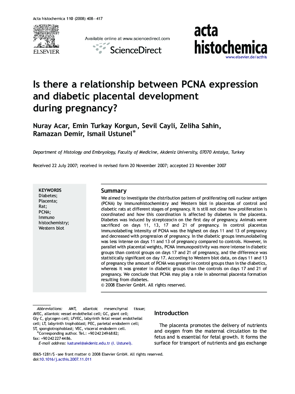 Is there a relationship between PCNA expression and diabetic placental development during pregnancy?