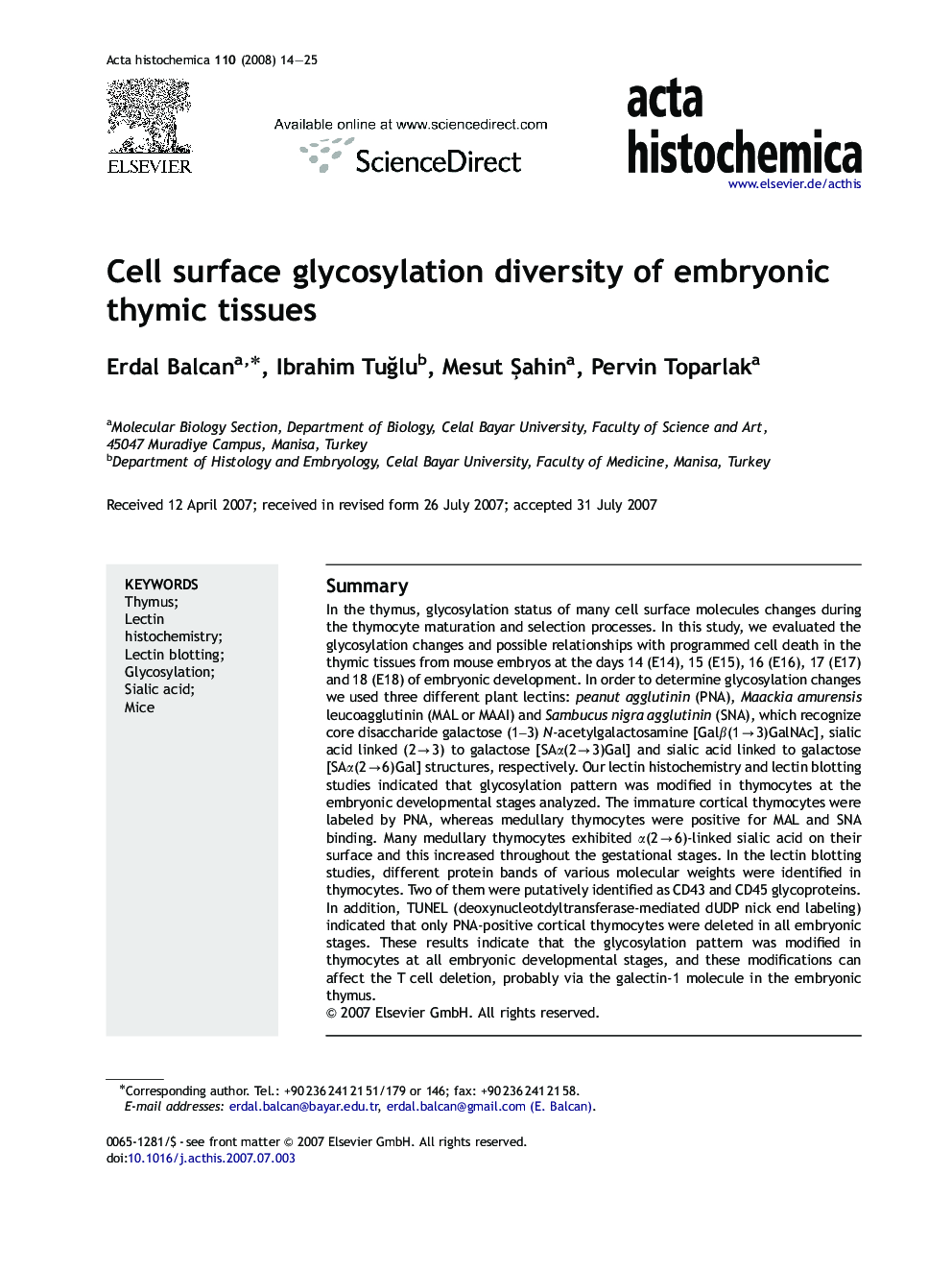 Cell surface glycosylation diversity of embryonic thymic tissues