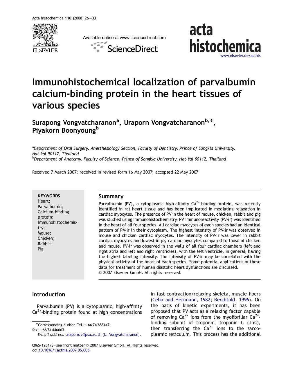 Immunohistochemical localization of parvalbumin calcium-binding protein in the heart tissues of various species