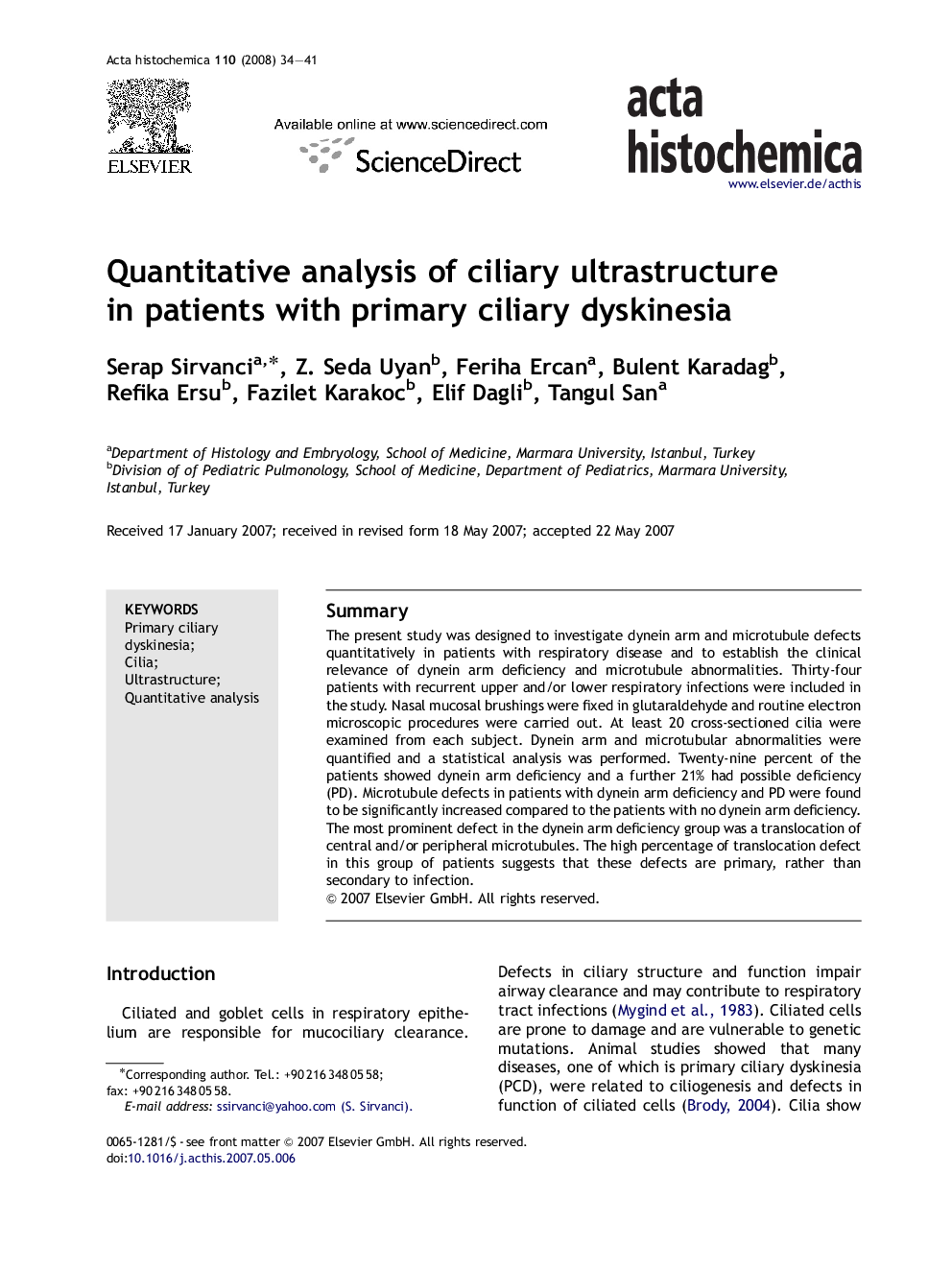 Quantitative analysis of ciliary ultrastructure in patients with primary ciliary dyskinesia