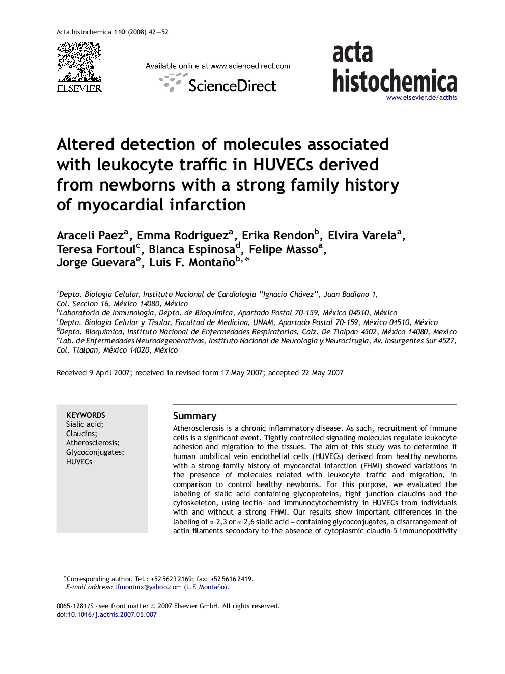 Altered detection of molecules associated with leukocyte traffic in HUVECs derived from newborns with a strong family history of myocardial infarction