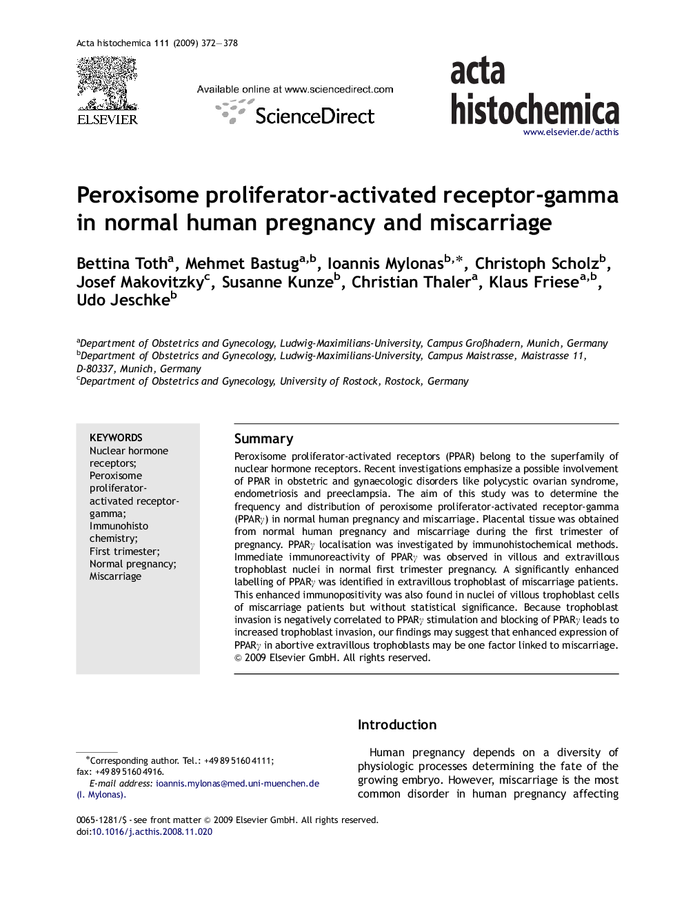 Peroxisome proliferator-activated receptor-gamma in normal human pregnancy and miscarriage