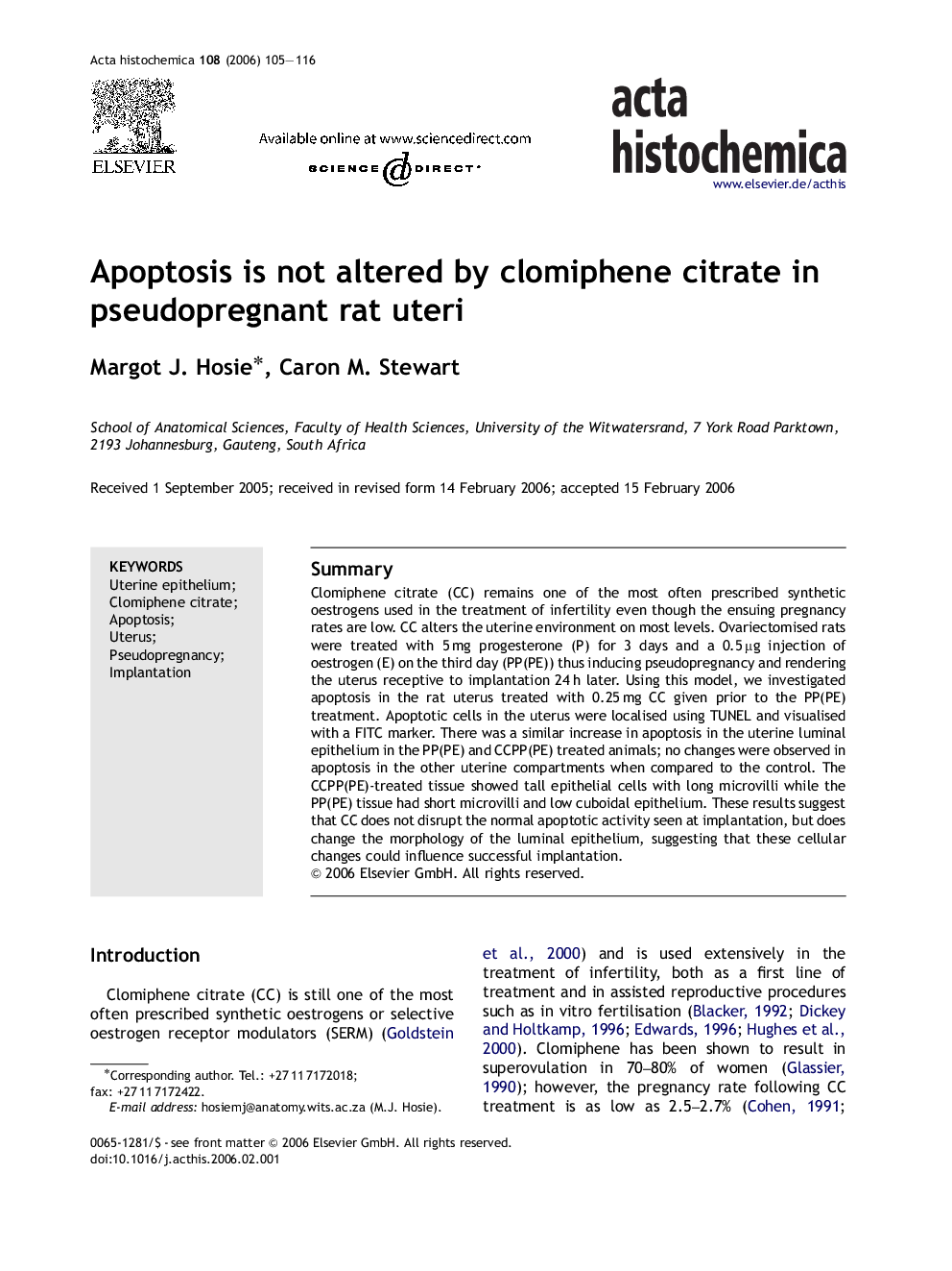 Apoptosis is not altered by clomiphene citrate in pseudopregnant rat uteri