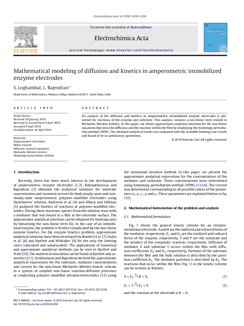 Mathematical modeling of diffusion and kinetics in amperometric immobilized enzyme electrodes