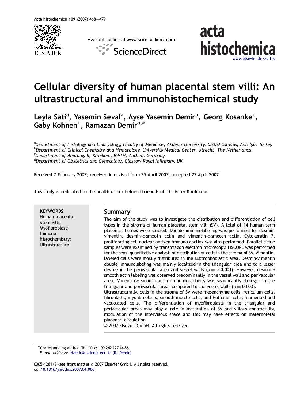 Cellular diversity of human placental stem villi: An ultrastructural and immunohistochemical study