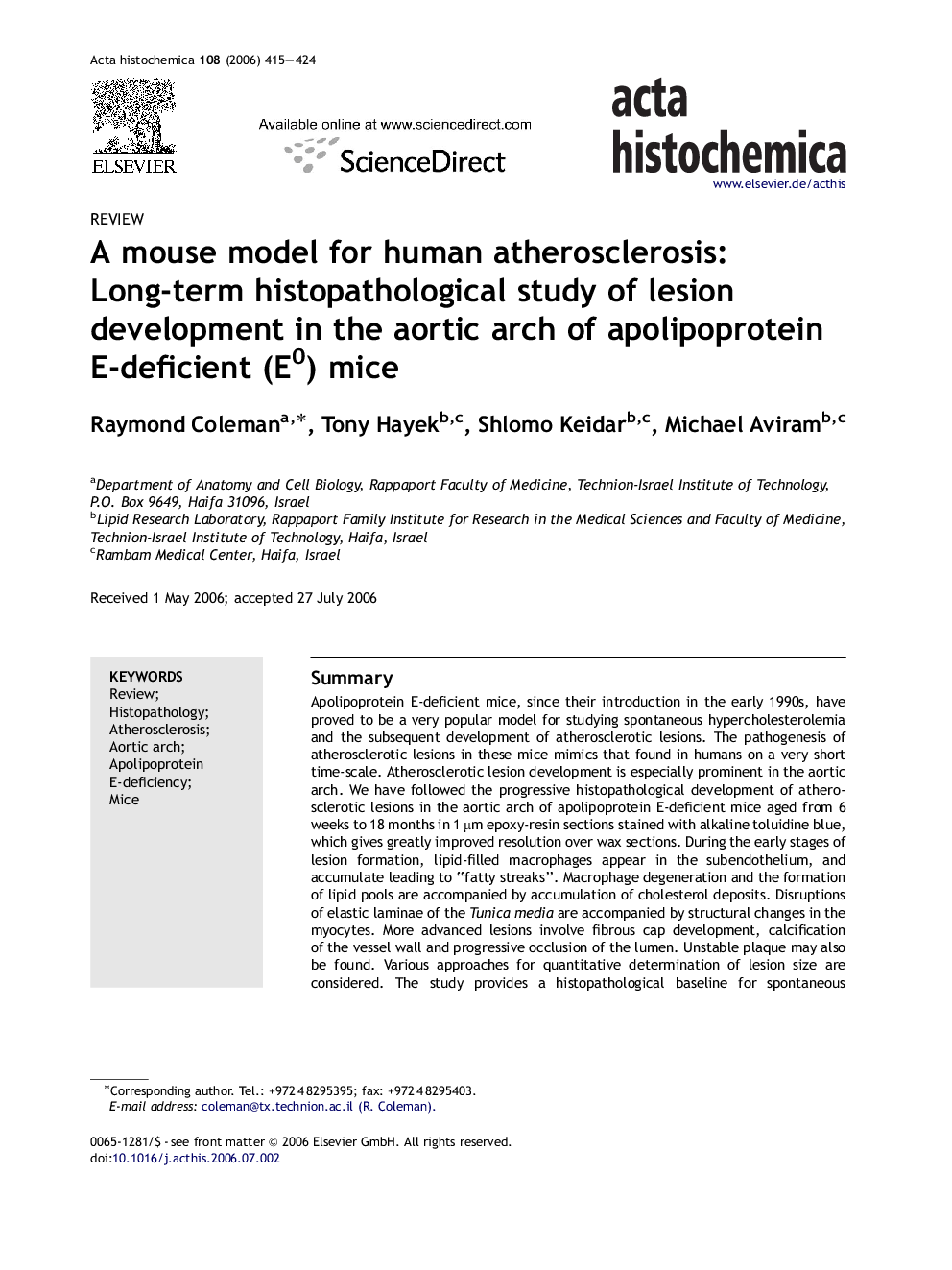 A mouse model for human atherosclerosis: Long-term histopathological study of lesion development in the aortic arch of apolipoprotein E-deficient (E0) mice