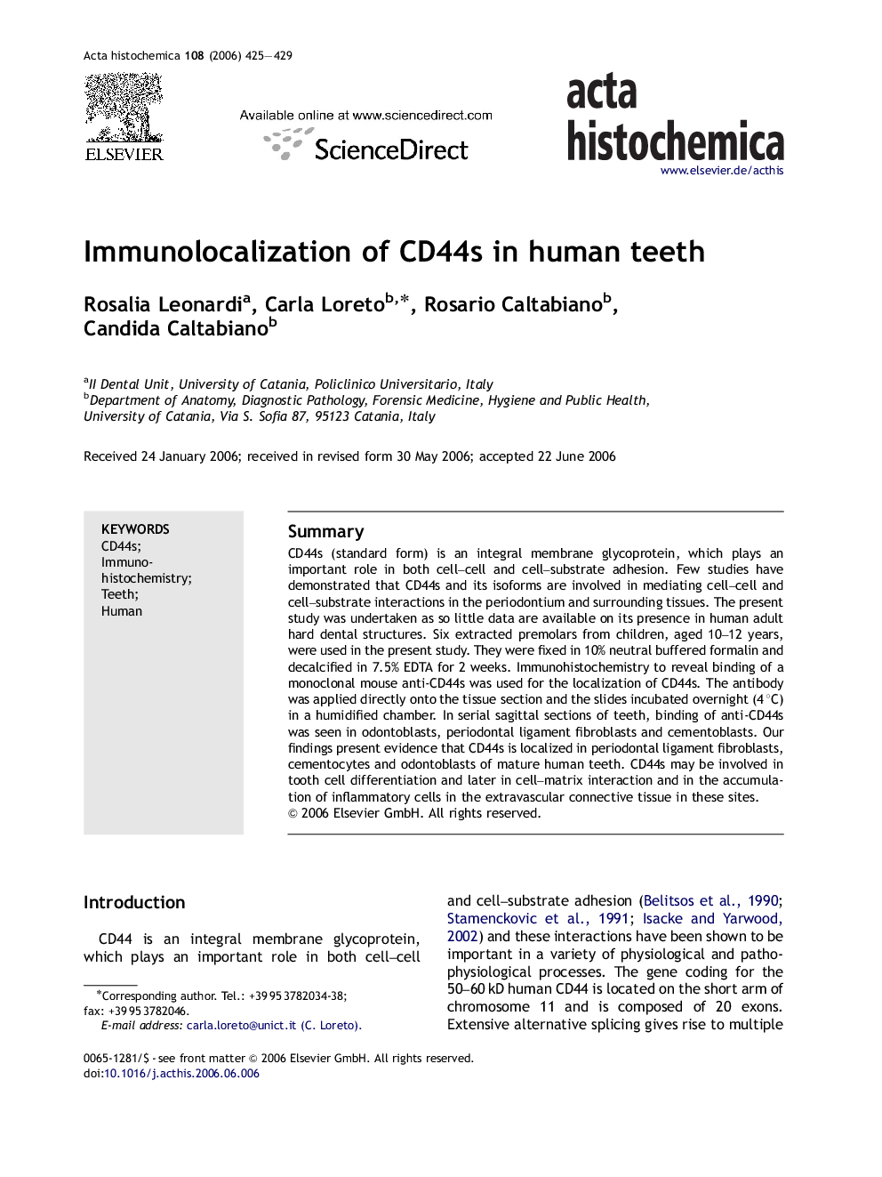 Immunolocalization of CD44s in human teeth