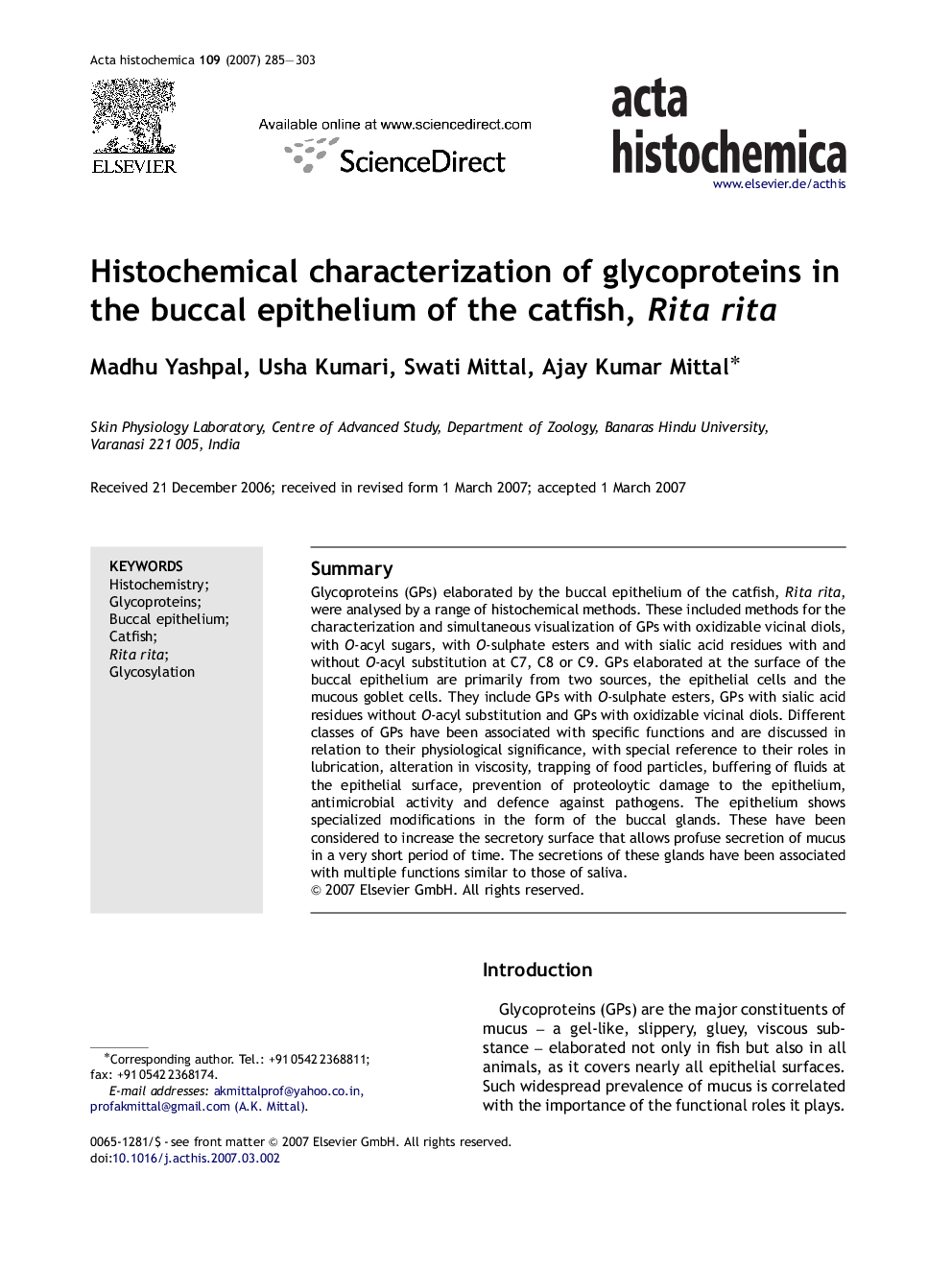 Histochemical characterization of glycoproteins in the buccal epithelium of the catfish, Rita rita