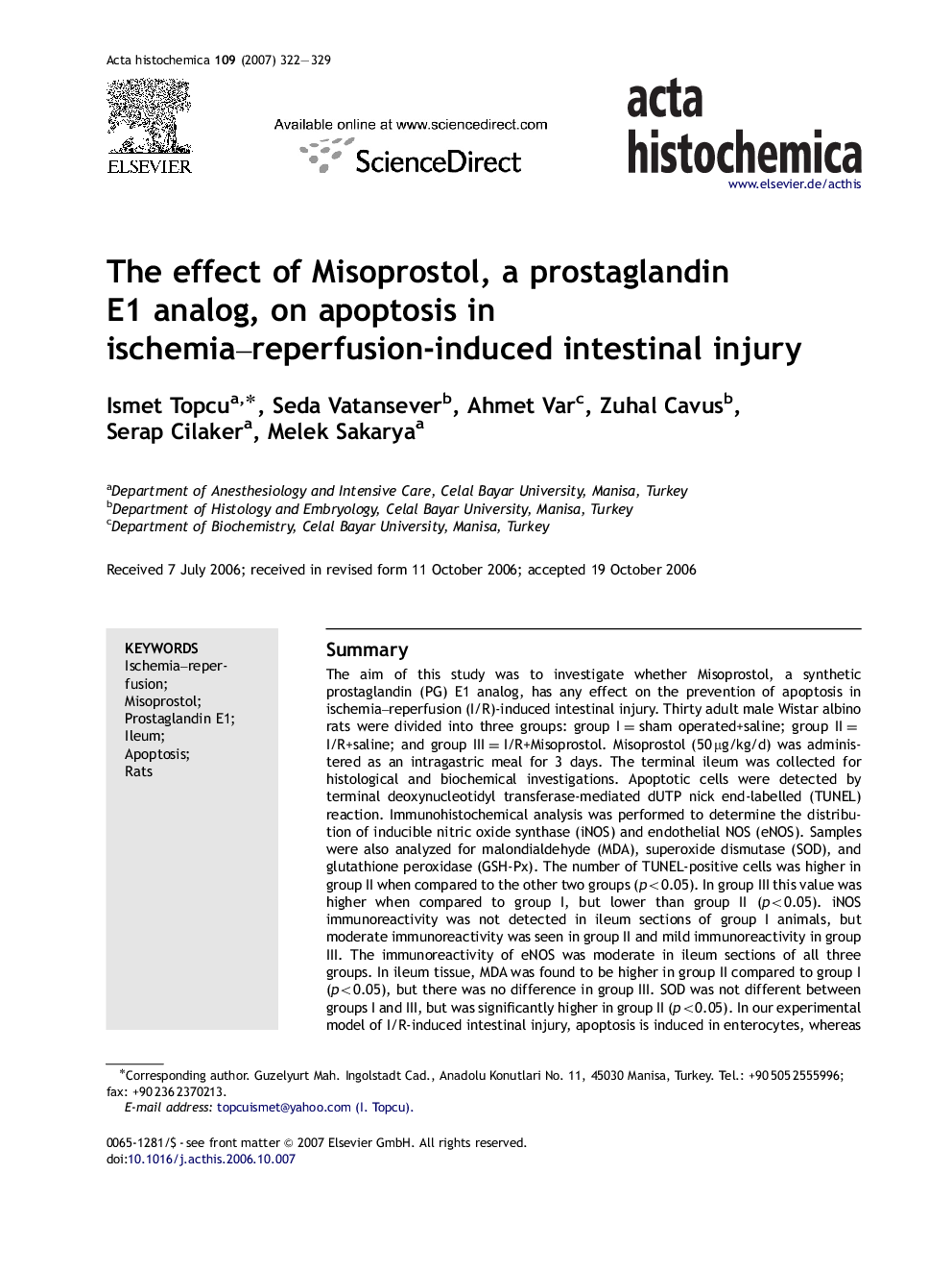 The effect of Misoprostol, a prostaglandin E1 analog, on apoptosis in ischemia-reperfusion-induced intestinal injury