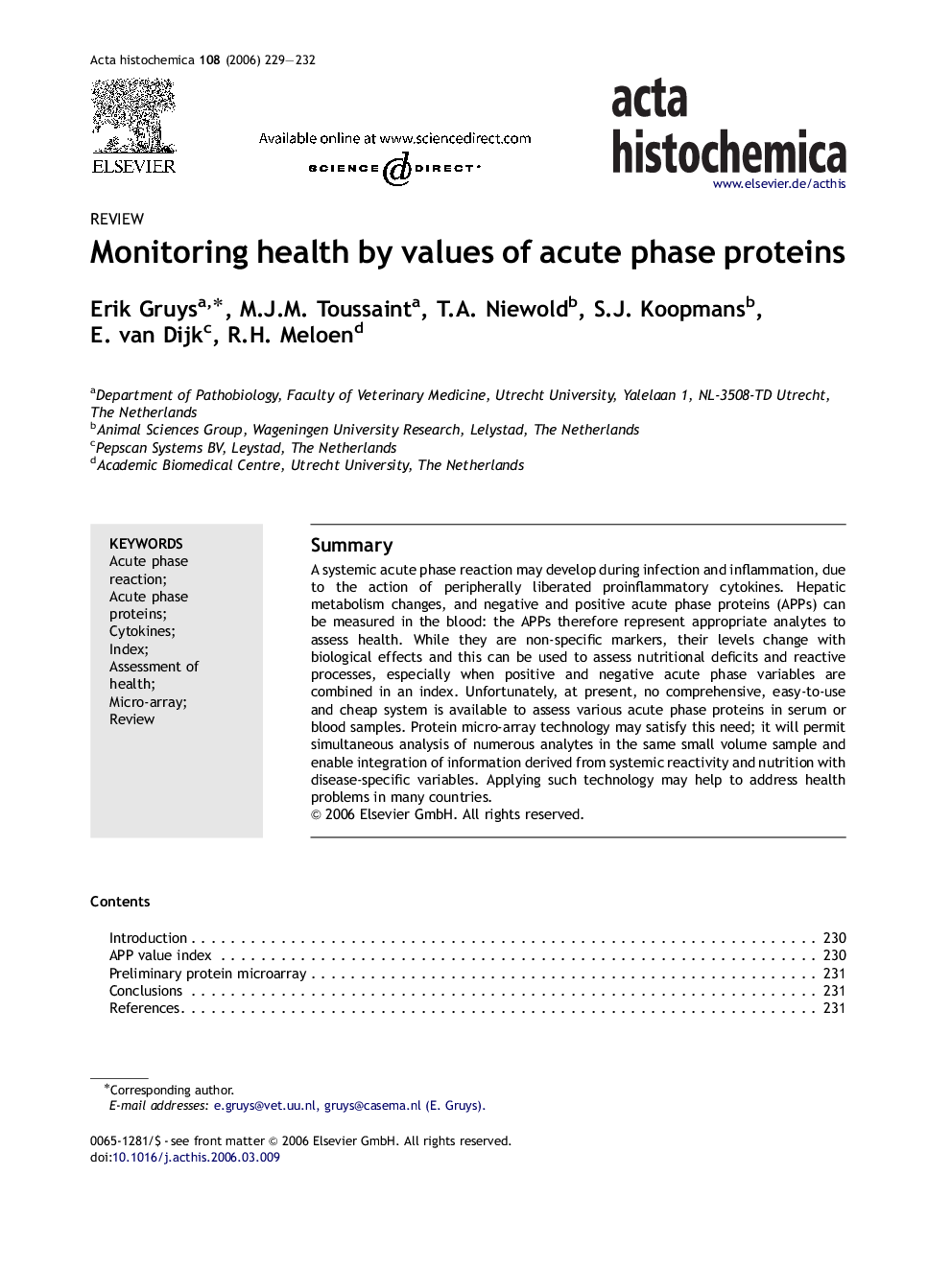 Monitoring health by values of acute phase proteins