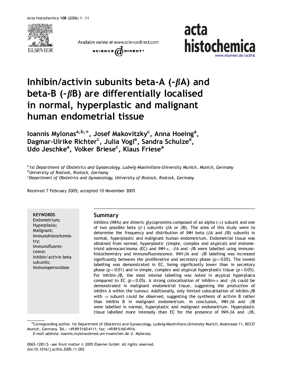 عکس صفحه اول مقاله: Inhibin/activin subunits beta-A (-βA) and beta-B (-βB) are differentially localised in normal, hyperplastic and malignant human endometrial tissue Inhibin/activin subunits beta-A (-βA) and beta-B (-βB) are differentially localised in normal, hyperplastic and malignant human endometrial tissue