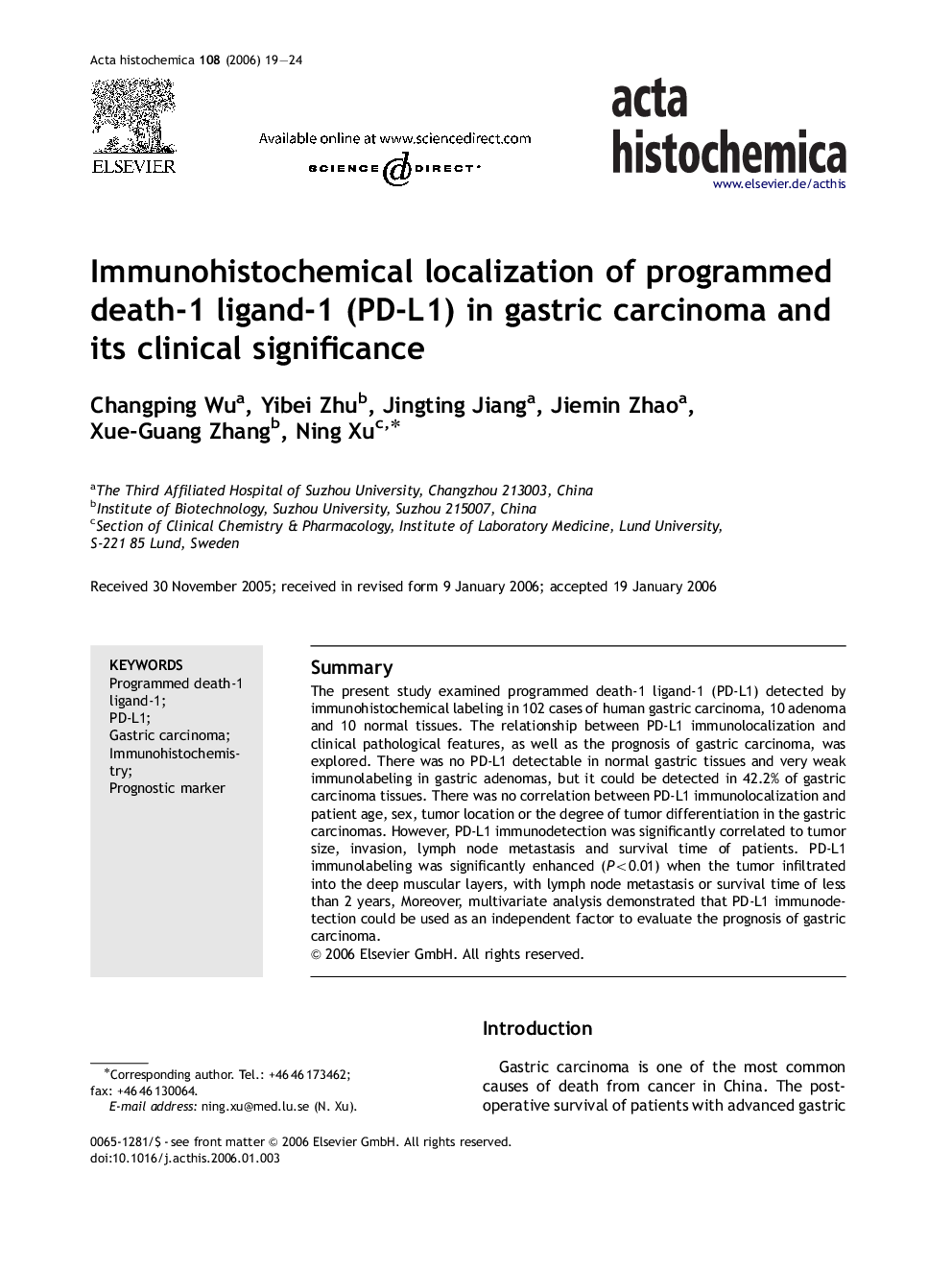 Immunohistochemical localization of programmed death-1 ligand-1 (PD-L1) in gastric carcinoma and its clinical significance