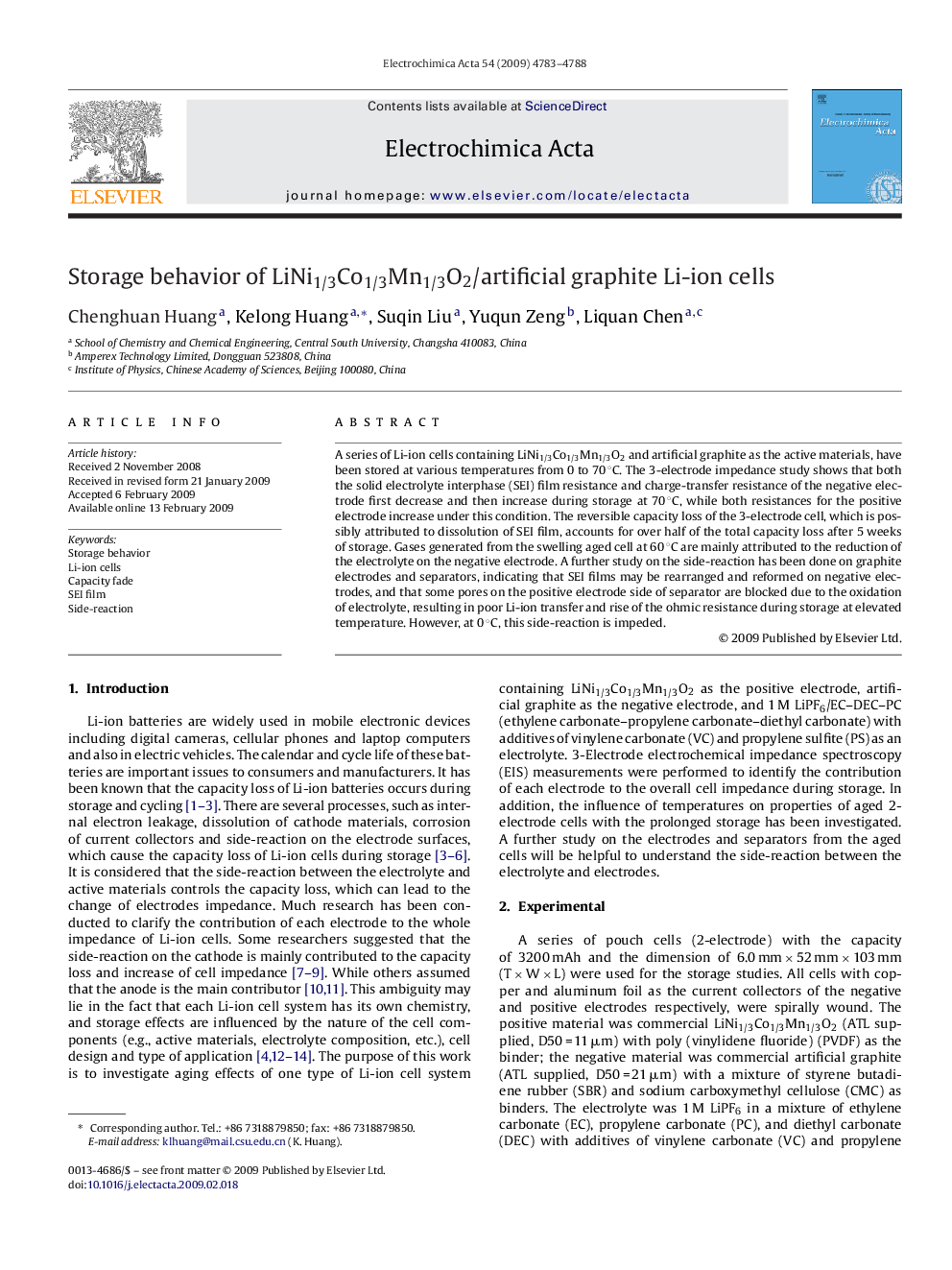 Storage behavior of LiNi1/3Co1/3Mn1/3O2/artificial graphite Li-ion cells