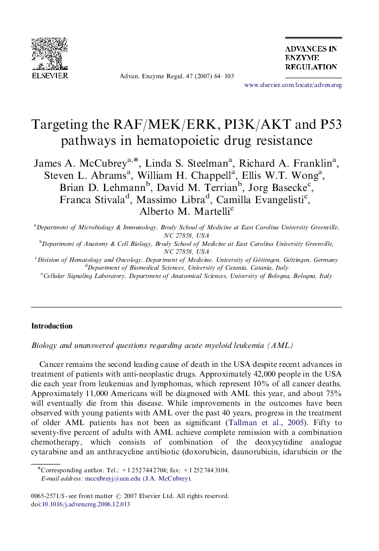 عکس صفحه اول مقاله: Targeting the RAF/MEK/ERK, PI3K/AKT and P53 pathways in hematopoietic drug resistance Targeting the RAF/MEK/ERK, PI3K/AKT and P53 pathways in hematopoietic drug resistance