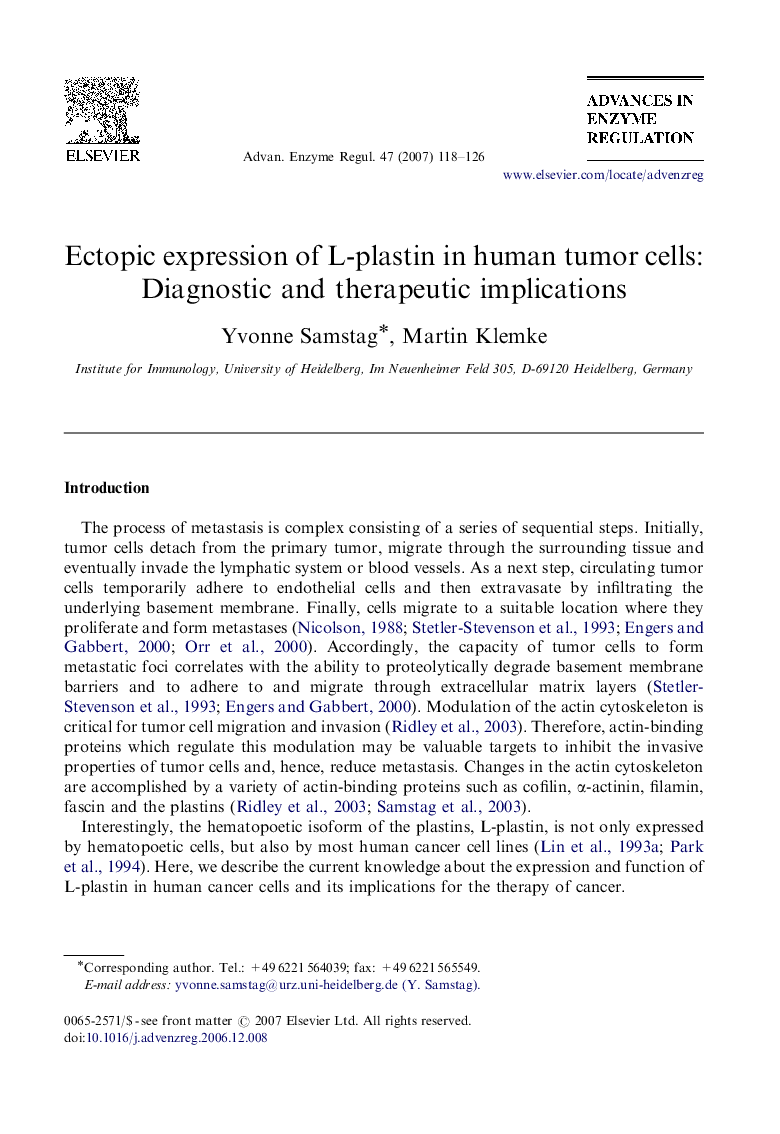 عکس صفحه اول مقاله: Ectopic expression of L-plastin in human tumor cells: Diagnostic and therapeutic implications Ectopic expression of L-plastin in human tumor cells: Diagnostic and therapeutic implications