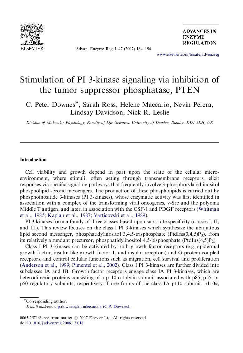 عکس صفحه اول مقاله: Stimulation of PI 3-kinase signaling via inhibition of the tumor suppressor phosphatase, PTEN Stimulation of PI 3-kinase signaling via inhibition of the tumor suppressor phosphatase, PTEN