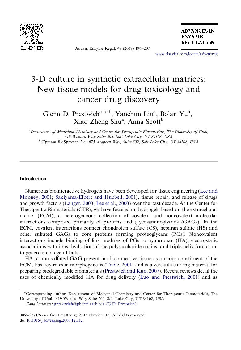 عکس صفحه اول مقاله: 3-D culture in synthetic extracellular matrices: New tissue models for drug toxicology and cancer drug discovery 3-D culture in synthetic extracellular matrices: New tissue models for drug toxicology and cancer drug discovery