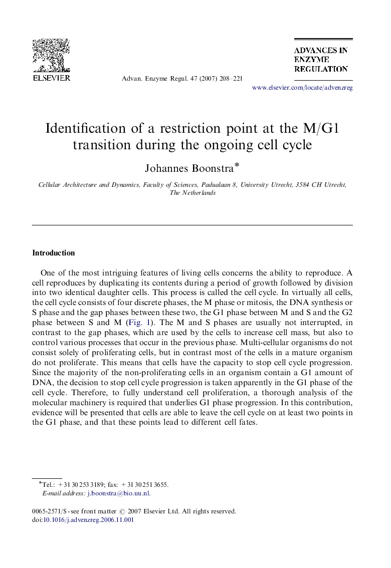 عکس صفحه اول مقاله: Identification of a restriction point at the M/G1 transition during the ongoing cell cycle Identification of a restriction point at the M/G1 transition during the ongoing cell cycle