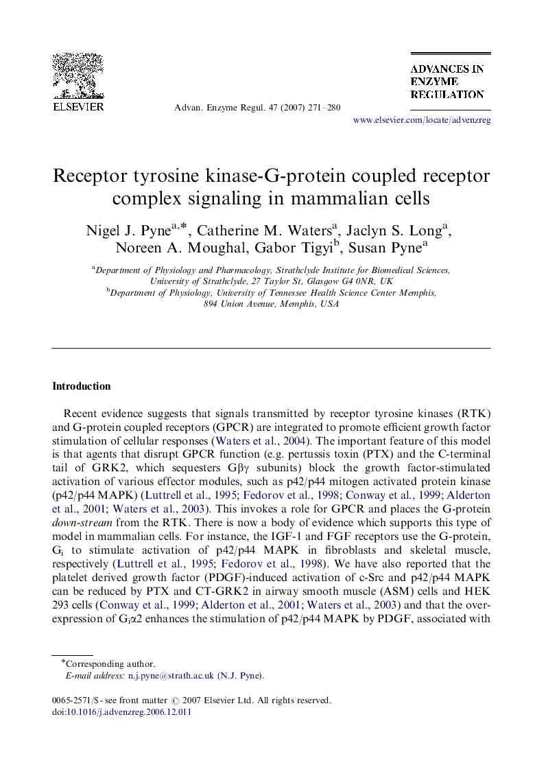 عکس صفحه اول مقاله: Receptor tyrosine kinase-G-protein coupled receptor complex signaling in mammalian cells Receptor tyrosine kinase-G-protein coupled receptor complex signaling in mammalian cells