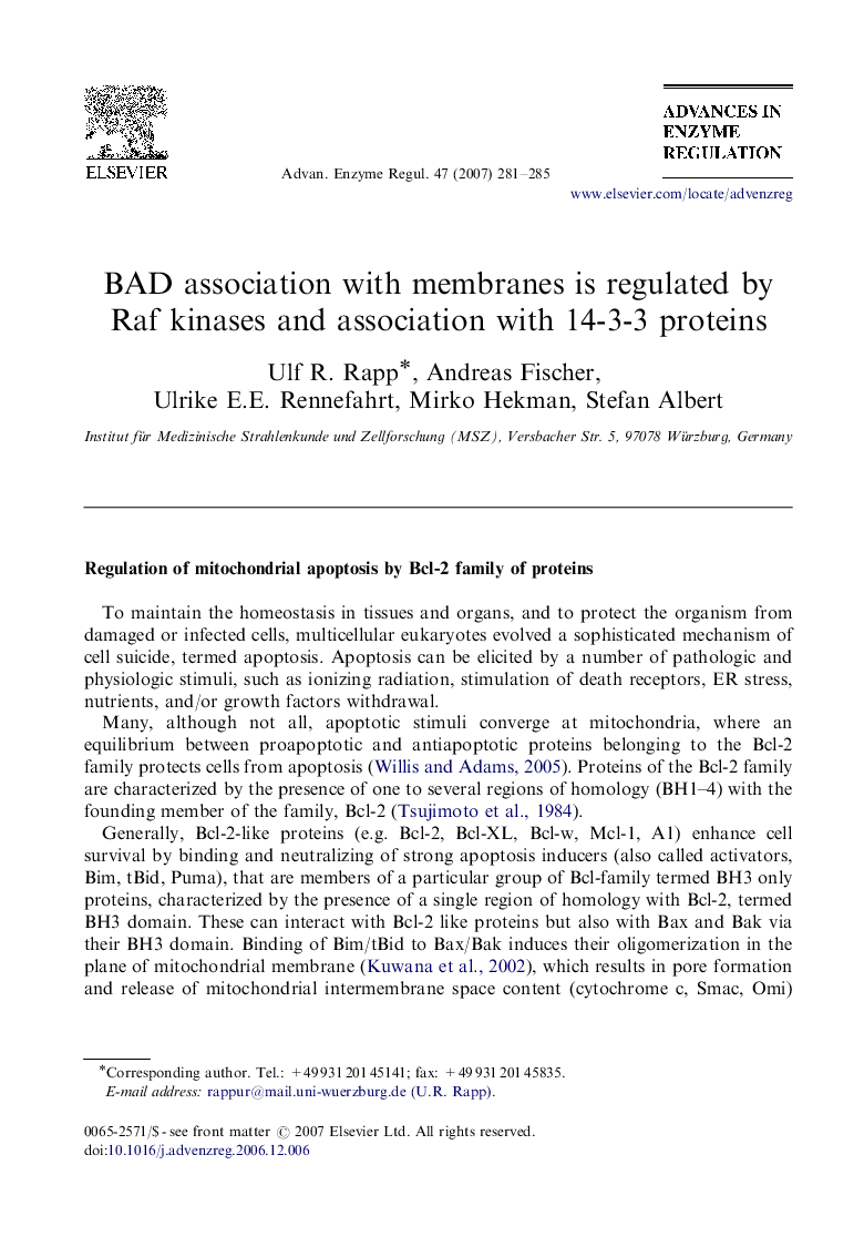 عکس صفحه اول مقاله: BAD association with membranes is regulated by Raf kinases and association with 14-3-3 proteins BAD association with membranes is regulated by Raf kinases and association with 14-3-3 proteins