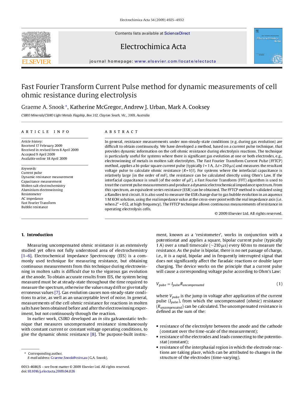 Fast Fourier Transform Current Pulse method for dynamic measurements of cell ohmic resistance during electrolysis