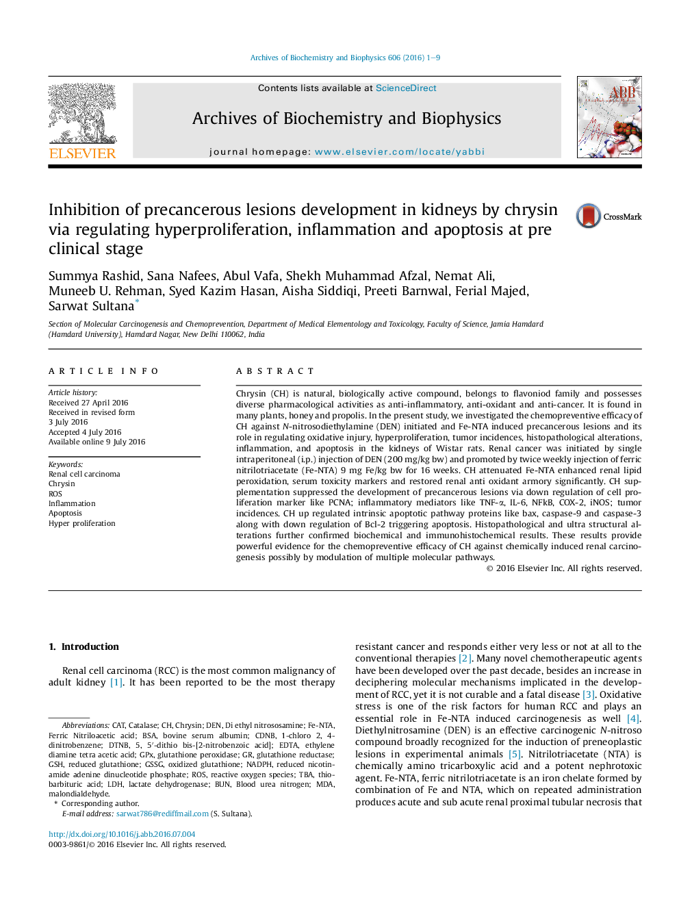 Inhibition of precancerous lesions development in kidneys by chrysin via regulating hyperproliferation, inflammation and apoptosis at pre clinical stage