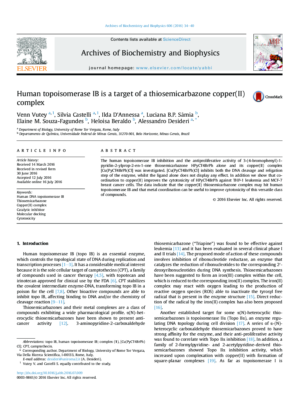 Human topoisomerase IB is a target of a thiosemicarbazone copper(II) complex