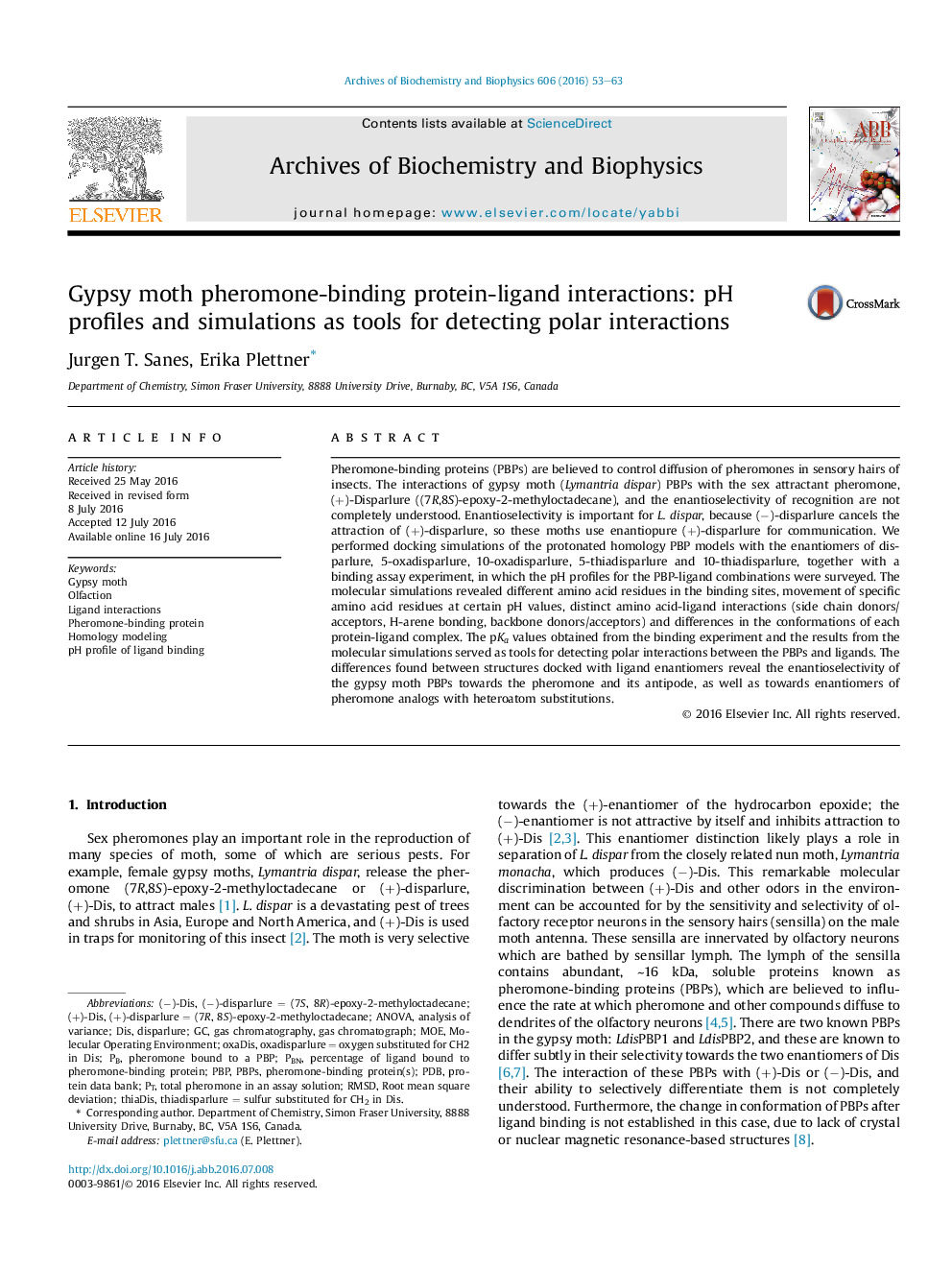 Gypsy moth pheromone-binding protein-ligand interactions: pH profiles and simulations as tools for detecting polar interactions