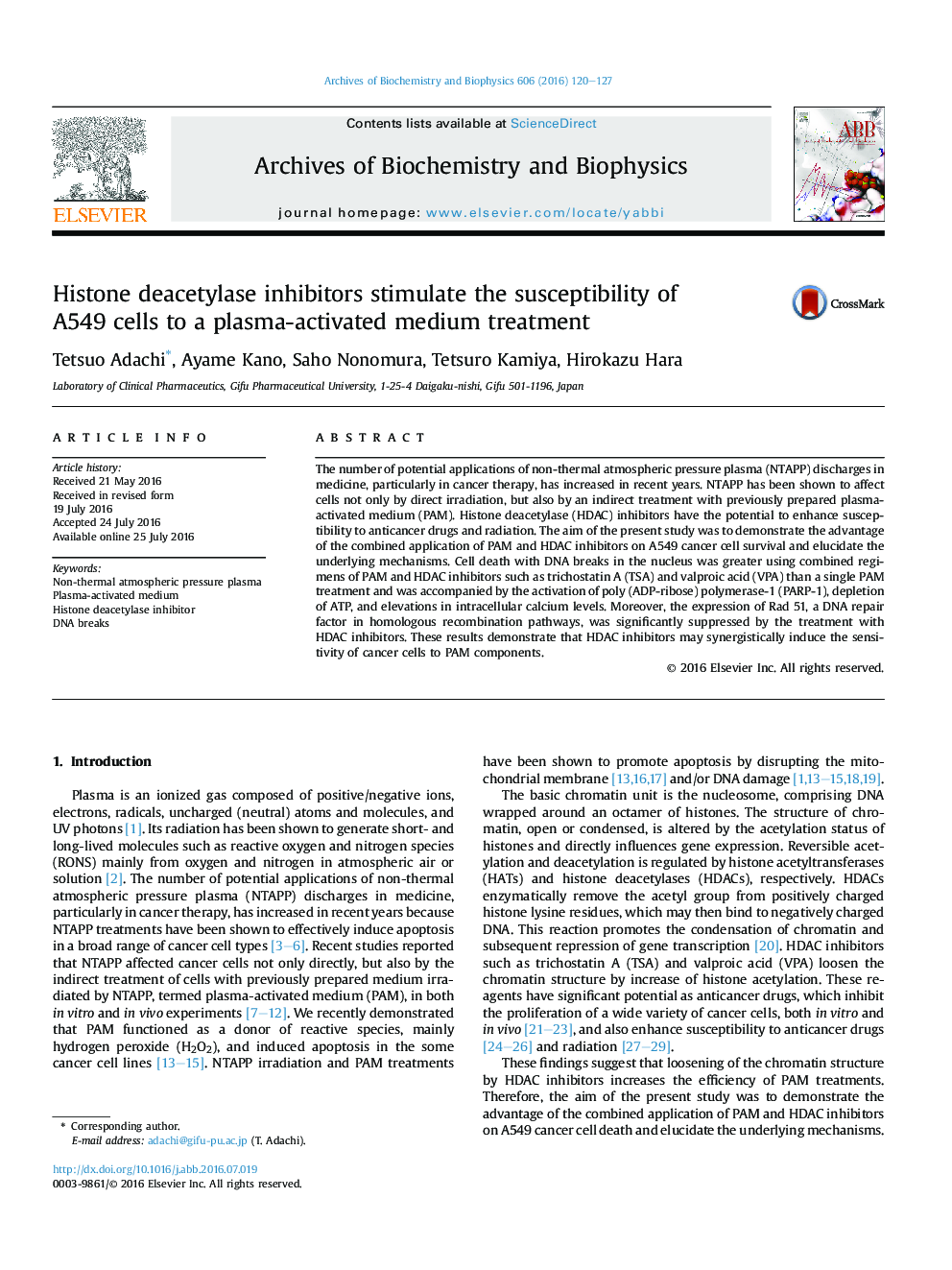 Histone deacetylase inhibitors stimulate the susceptibility of A549 cells to a plasma-activated medium treatment