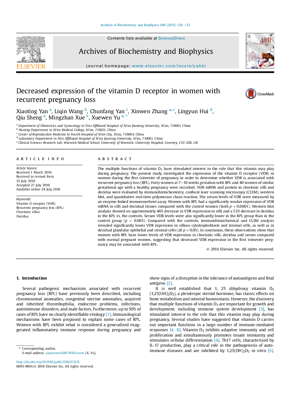 Decreased expression of the vitamin D receptor in women with recurrent pregnancy loss