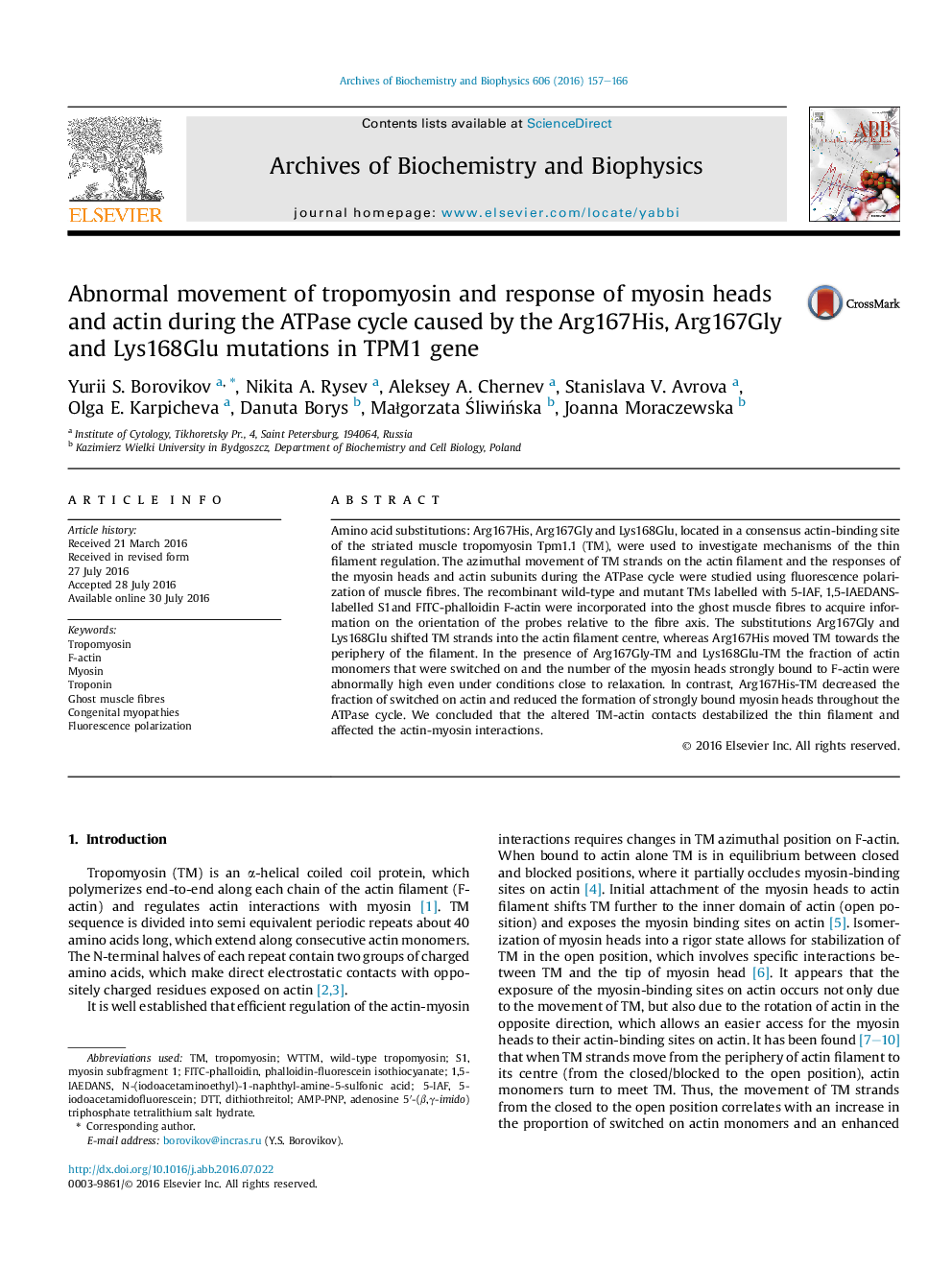 Abnormal movement of tropomyosin and response of myosin heads and actin during the ATPase cycle caused by the Arg167His, Arg167Gly and Lys168Glu mutations in TPM1 gene