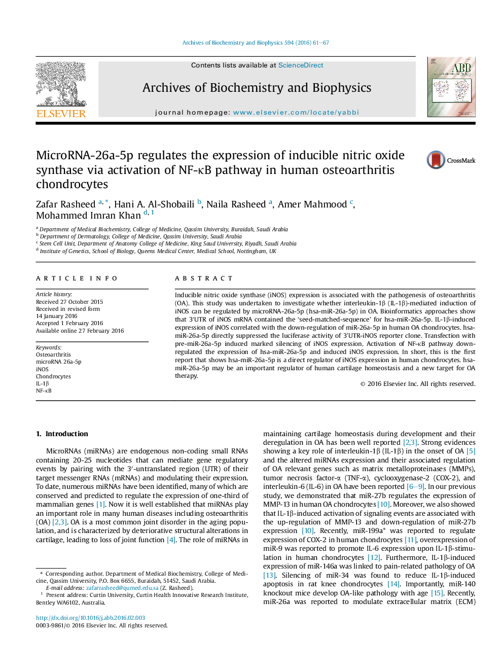 MicroRNA-26a-5p regulates the expression of inducible nitric oxide synthase via activation of NF-ÎºB pathway in human osteoarthritis chondrocytes