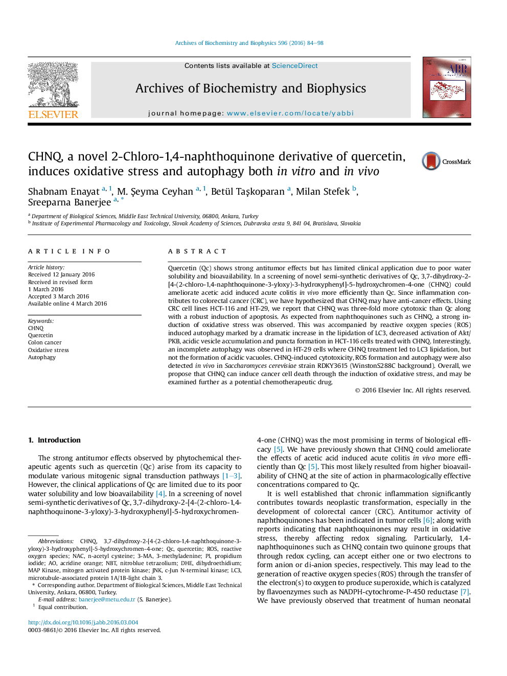 CHNQ, a novel 2-Chloro-1,4-naphthoquinone derivative of quercetin, induces oxidative stress and autophagy both in vitro and in vivo