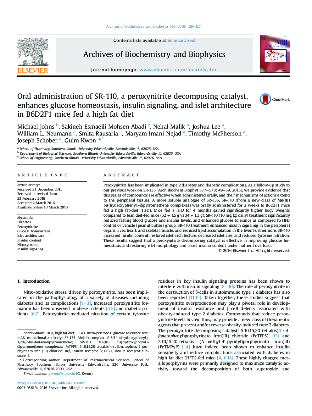 Oral administration of SR-110, a peroxynitrite decomposing catalyst, enhances glucose homeostasis, insulin signaling, and islet architecture in B6D2F1 mice fed a high fat diet