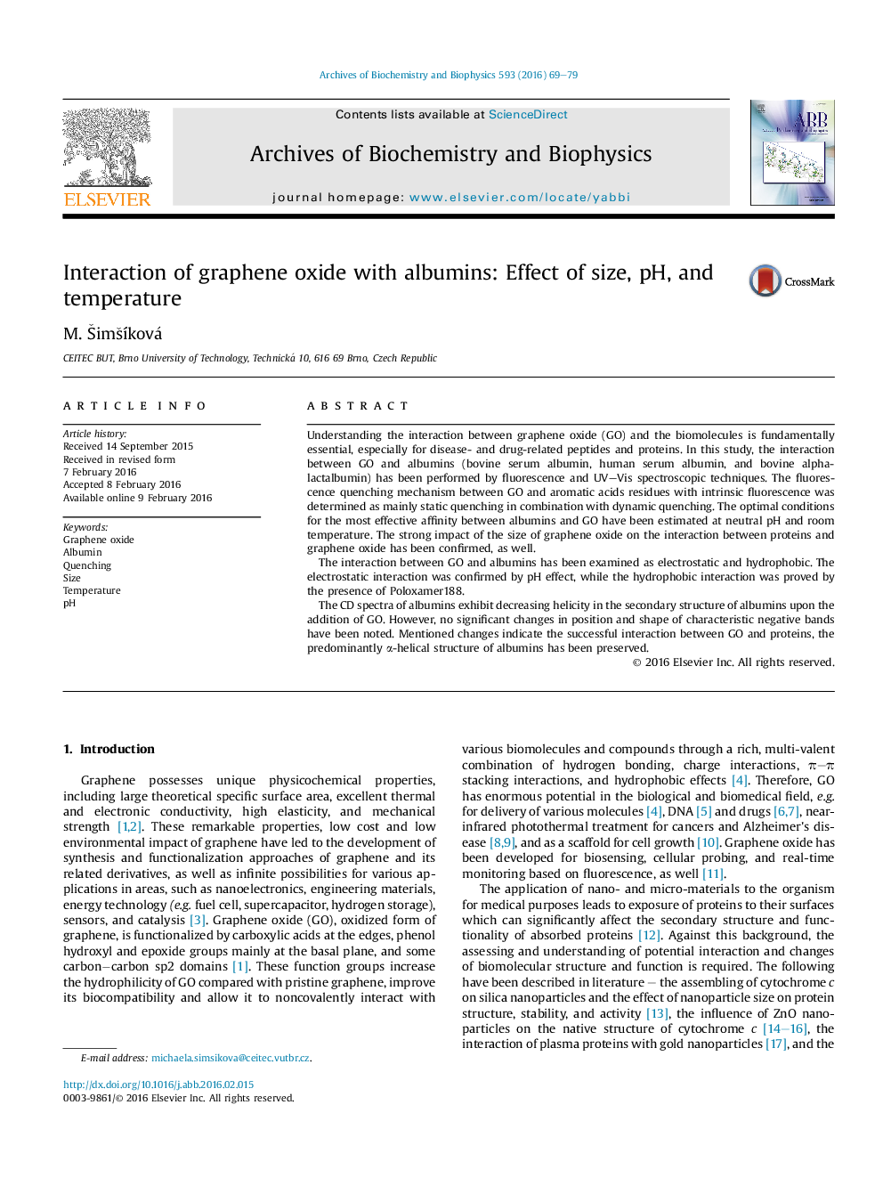 Interaction of graphene oxide with albumins: Effect of size, pH, and temperature