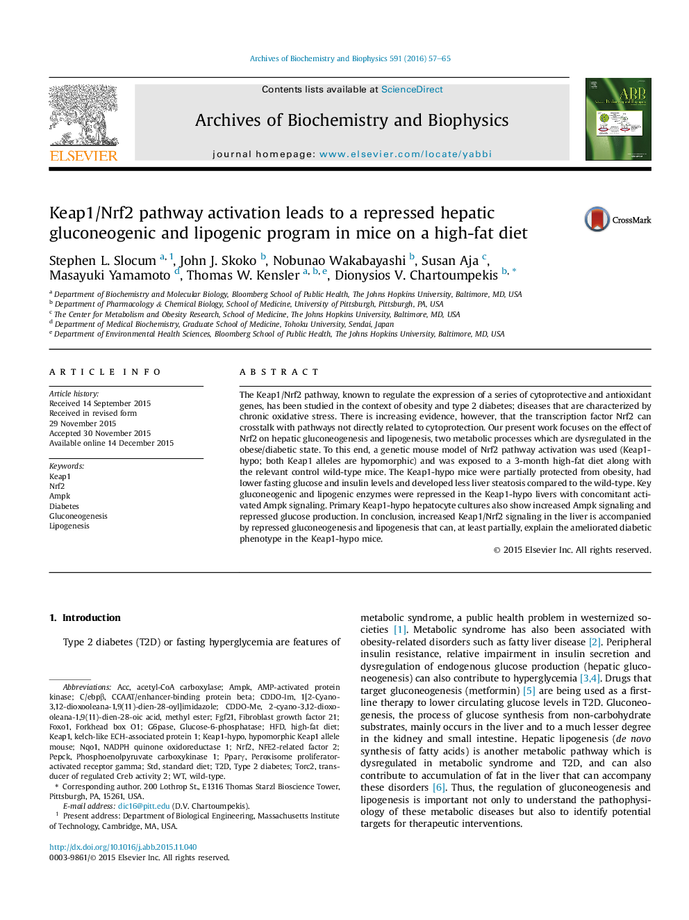 Keap1/Nrf2 pathway activation leads to a repressed hepatic gluconeogenic and lipogenic program in mice on a high-fat diet