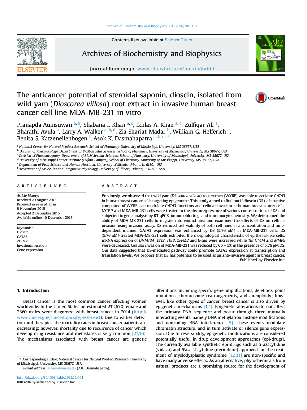 The anticancer potential of steroidal saponin, dioscin, isolated from wild yam (Dioscorea villosa) root extract in invasive human breast cancer cell line MDA-MB-231 in vitro