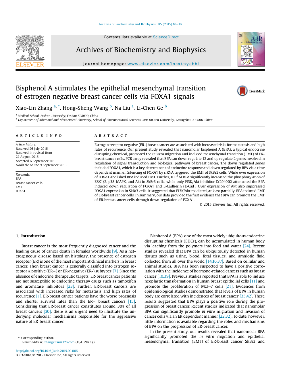 Bisphenol A stimulates the epithelial mesenchymal transition of estrogen negative breast cancer cells via FOXA1 signals